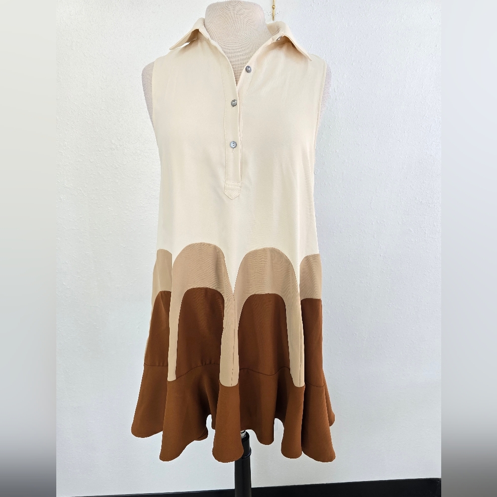 Entro NWT Flounce Nadia Color Block Cream And Brown Arch Collar Dress Size Small - Picture 2 of 9